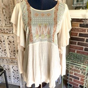 Free People Blouse w/Sheer Embroidered Panel NWT